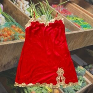 Victoria's Secret Red Satin Chemise with Gold Lace